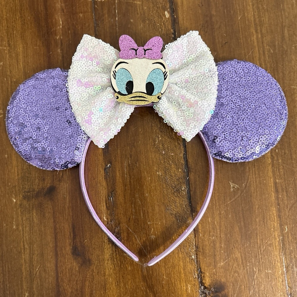 Daisy Duck Minnie Mouse Ears Headband Purple White Sequin Bow